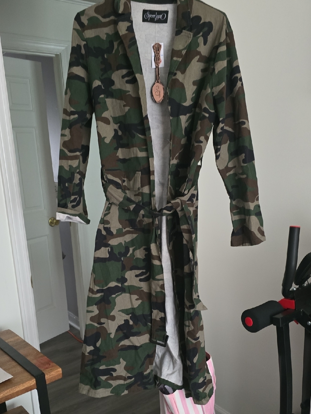 Camouflage Tie-Waist Trench Coat - Green/Brown